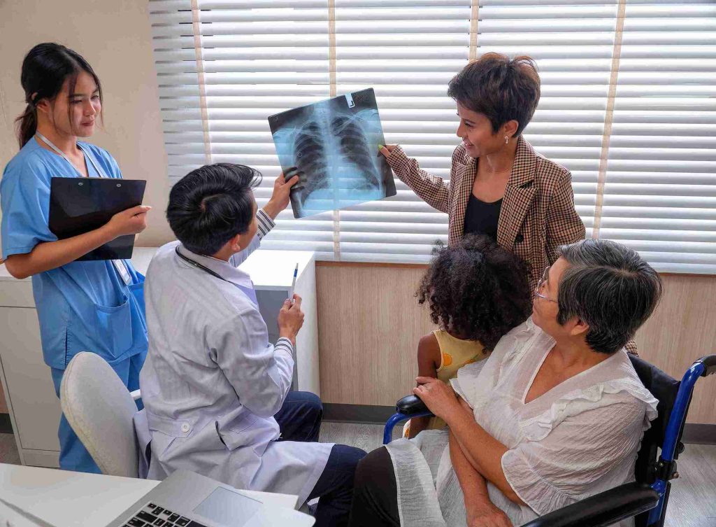 Doctor explaining x-ray results to patient and family members.